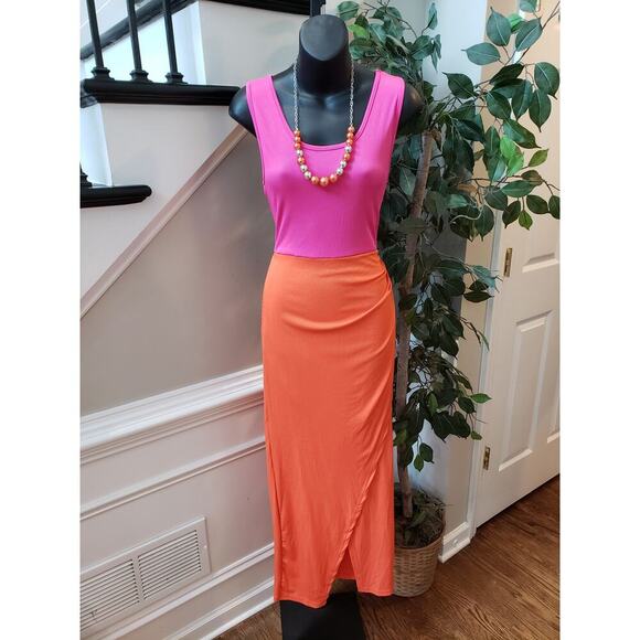 SHEIN Bodycon Dress Womens M Pink Orange Two Tone Ribbed Sleeveless Round Neck - Picture 1 of 12